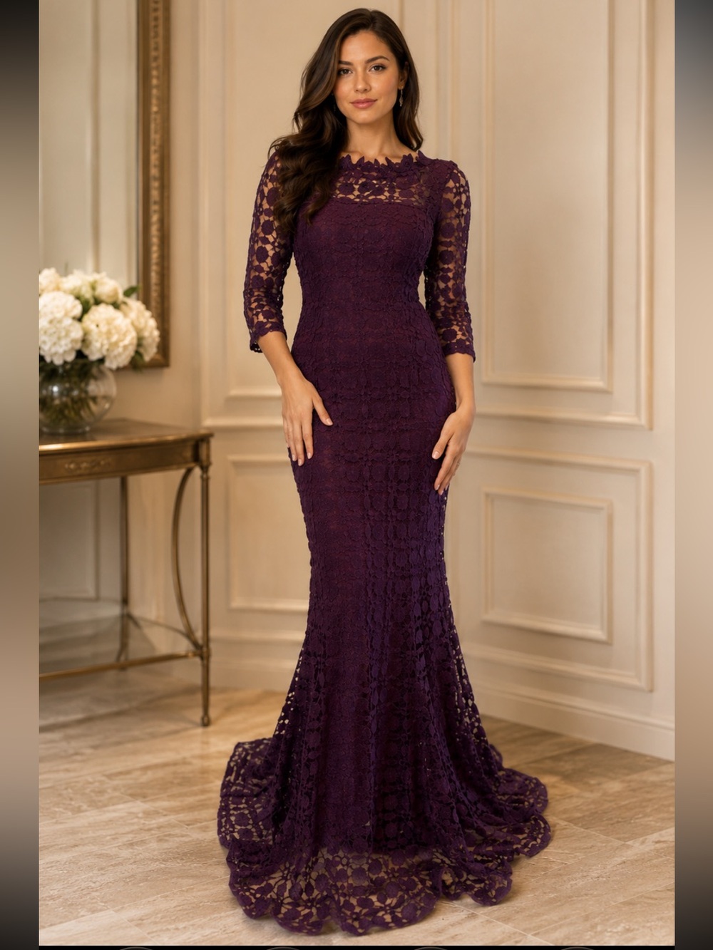 Brand new Kay Unger 3/4 sleeves floral appliqué neckline long Gown